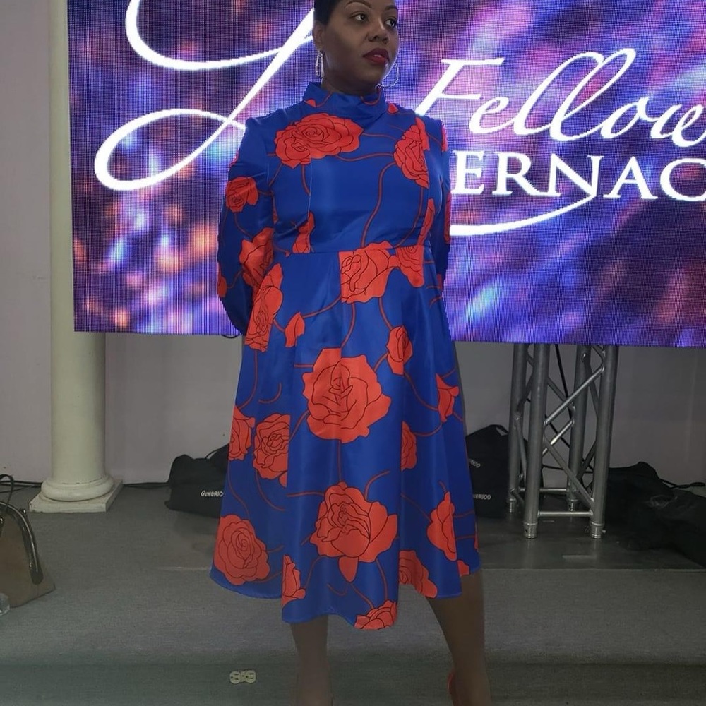 Royal blue & red rose petal flare dress